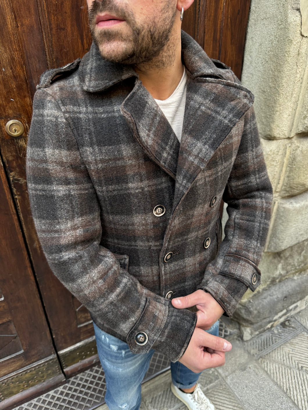 Cappotto Peacoat doppiopetto a quadri