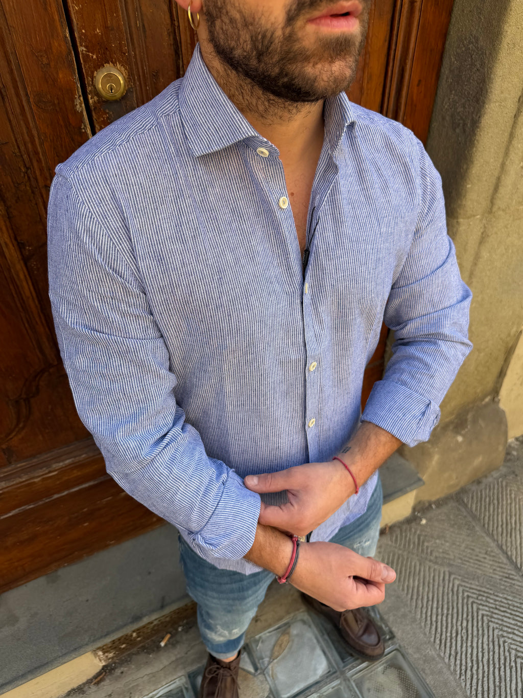 Camicia Millerighe in lino blu