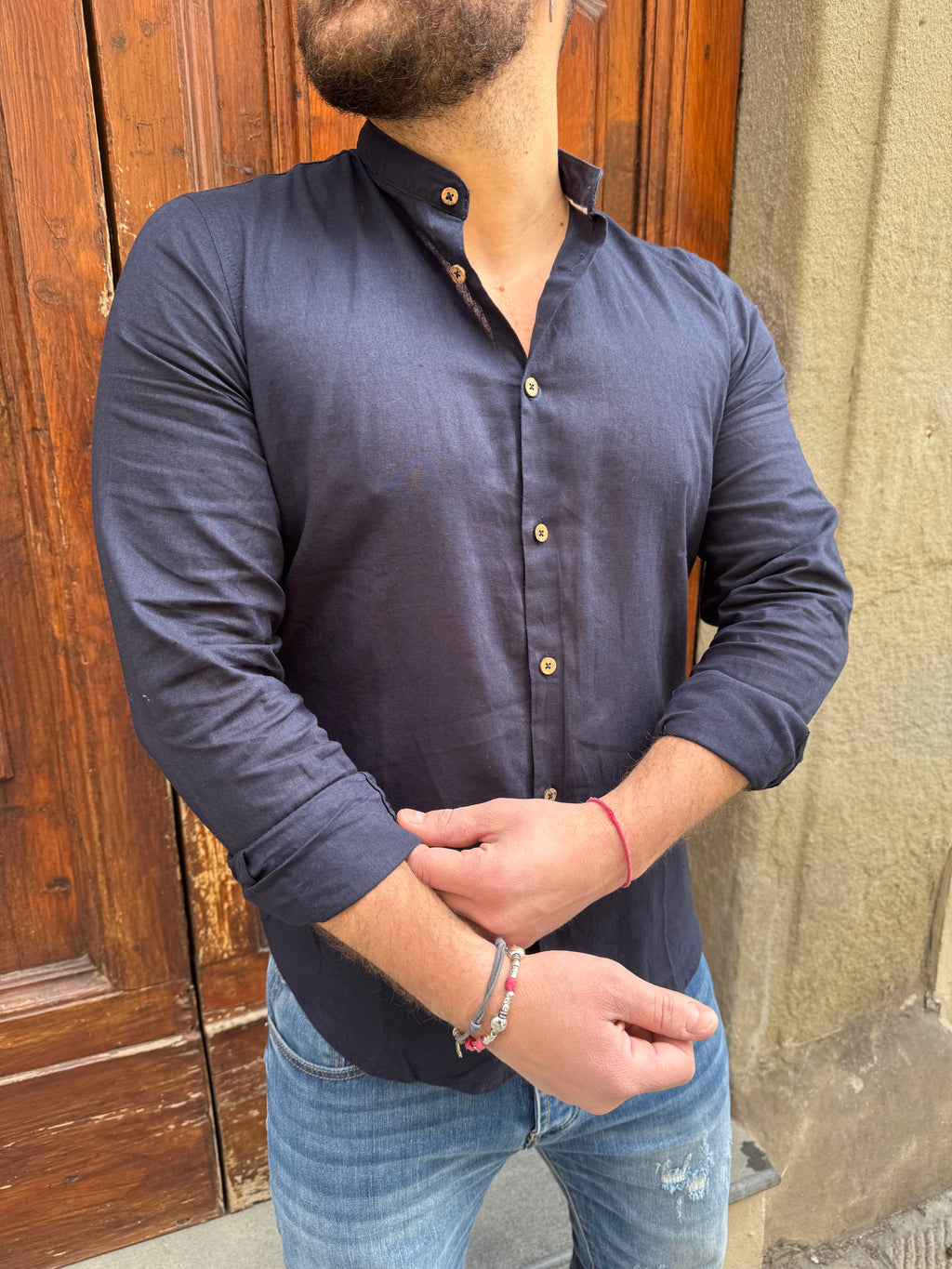 Camicia Lino coreana di Hamaki-Ho blu