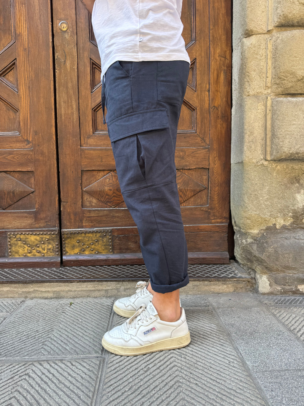 Pantalone Cargo lino di Hamaki-ho blu