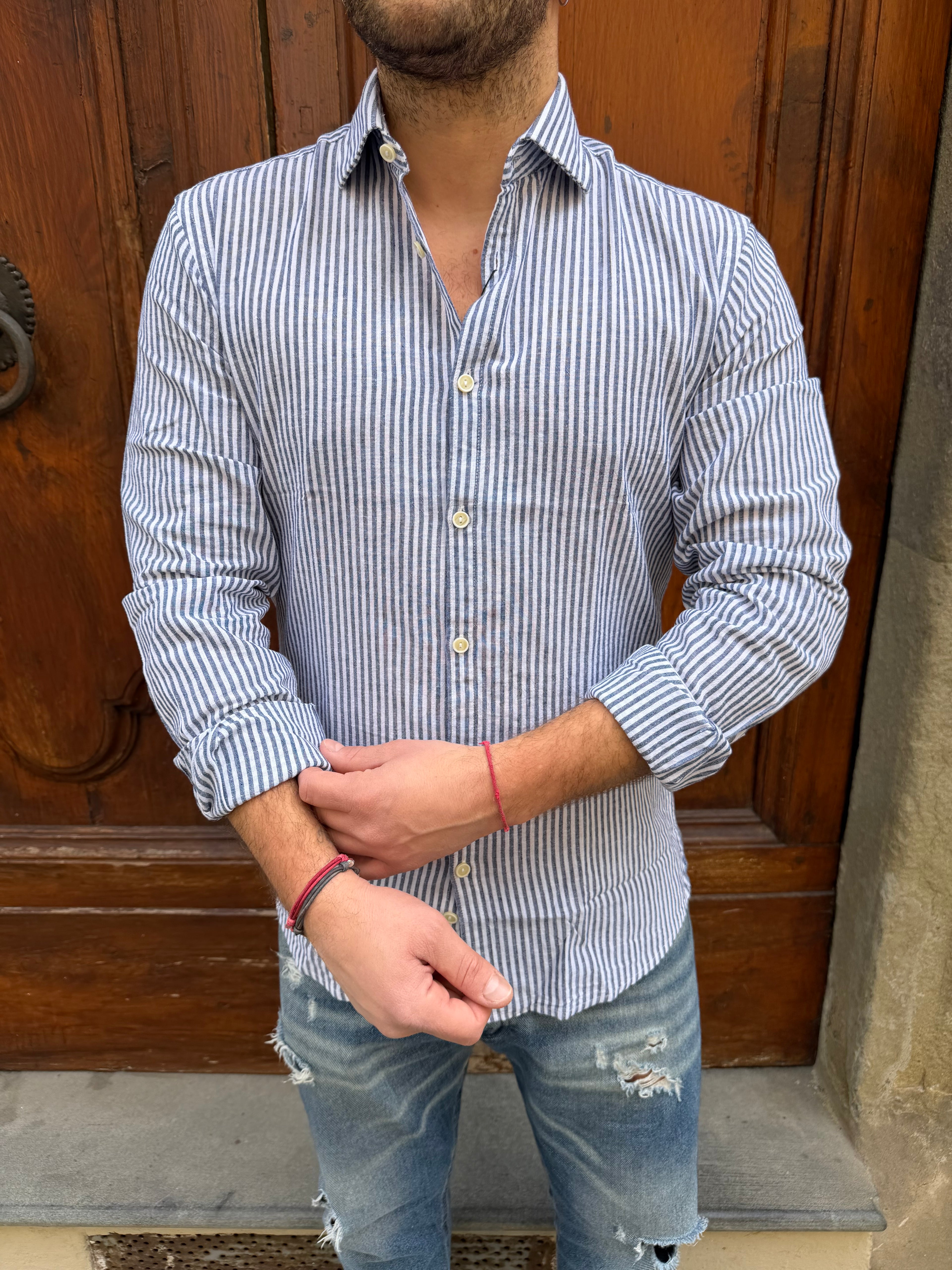 Camicia Bastoncino in lino blu