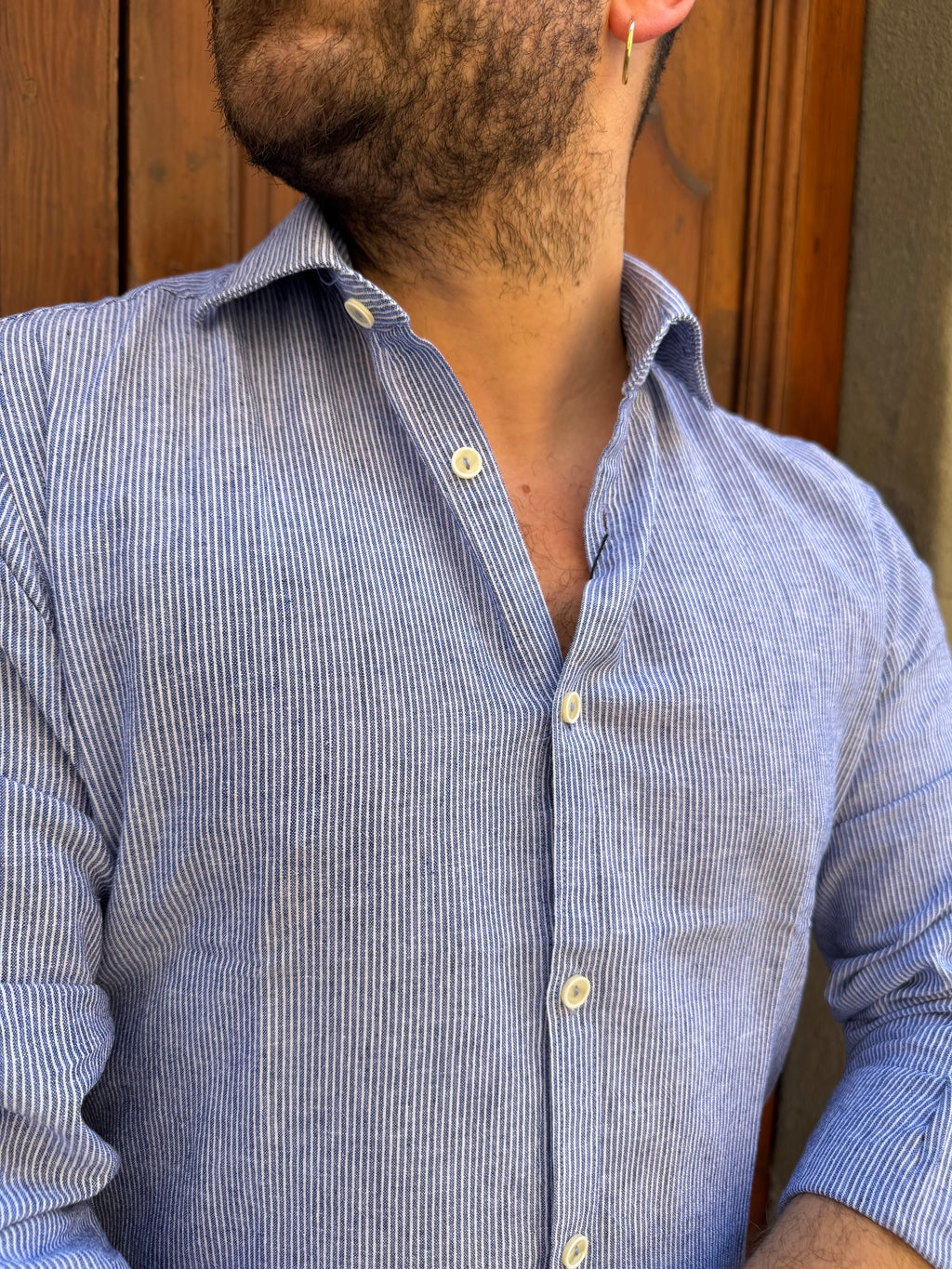 Camicia Millerighe in lino blu