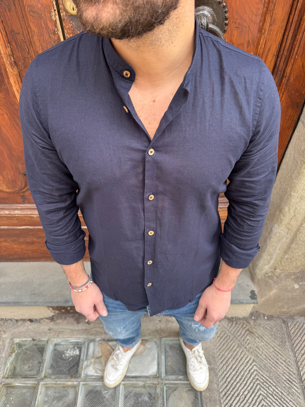 Camicia Lino coreana di Hamaki-Ho blu