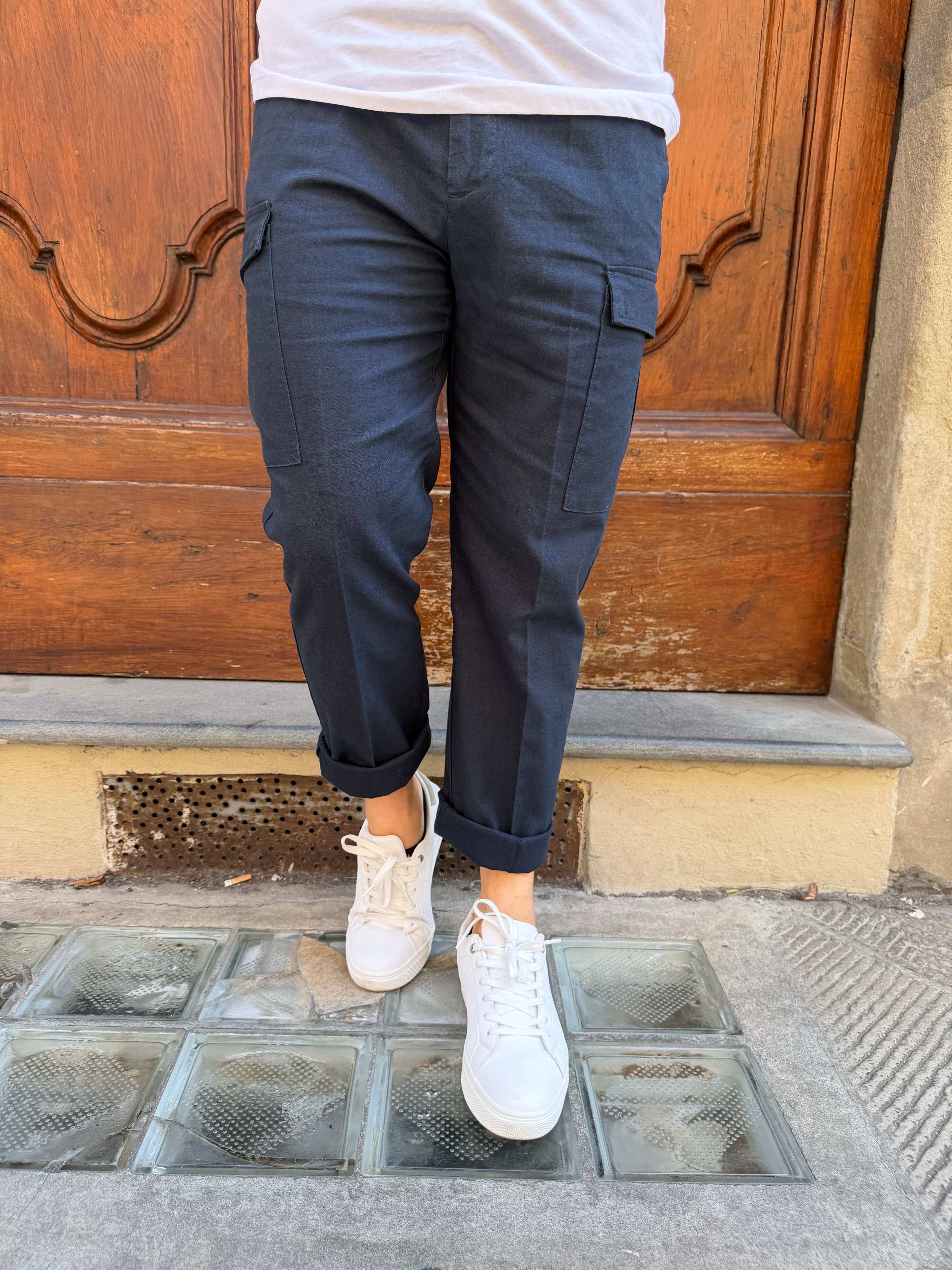Pantalone cargo in lino di Hamaki-Ho blu