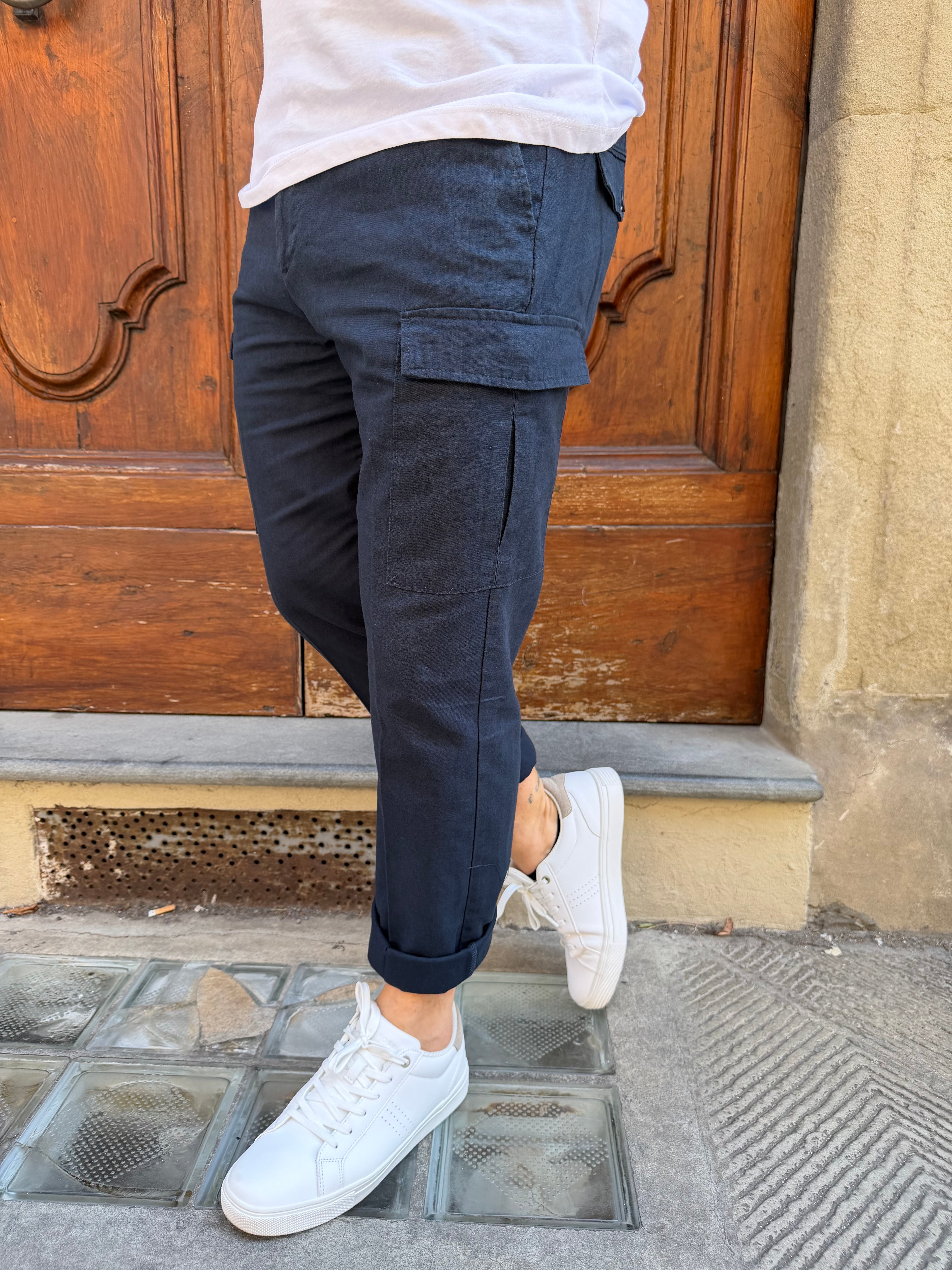 Pantalone cargo in lino di Hamaki-Ho blu