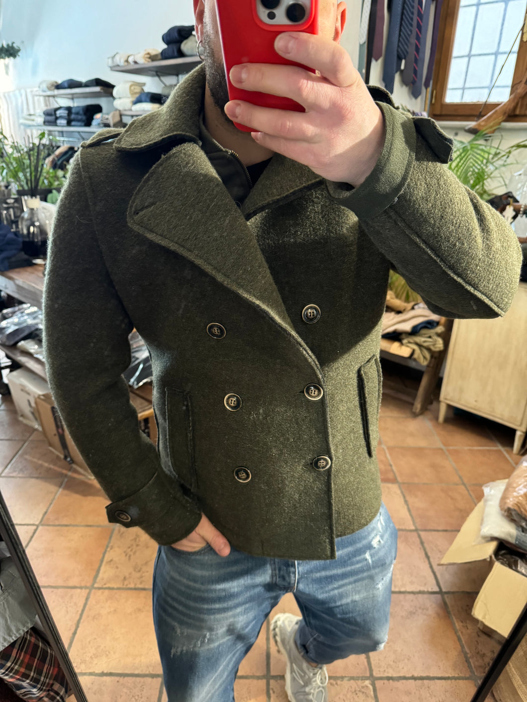 Peacoat doppiopetto verde in lana cotta