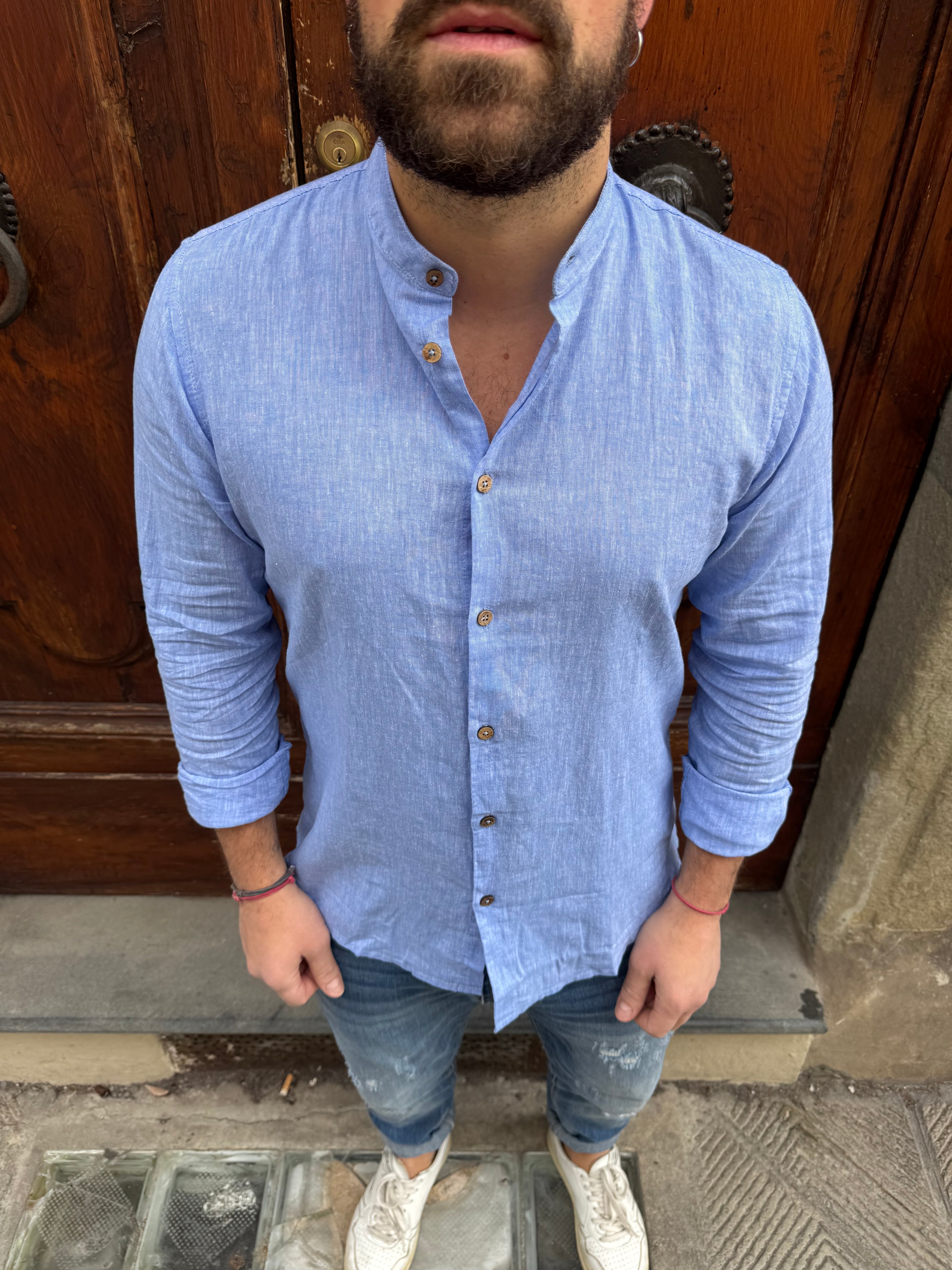 Camicia Lino coreana di Hamaki-Ho azzurra