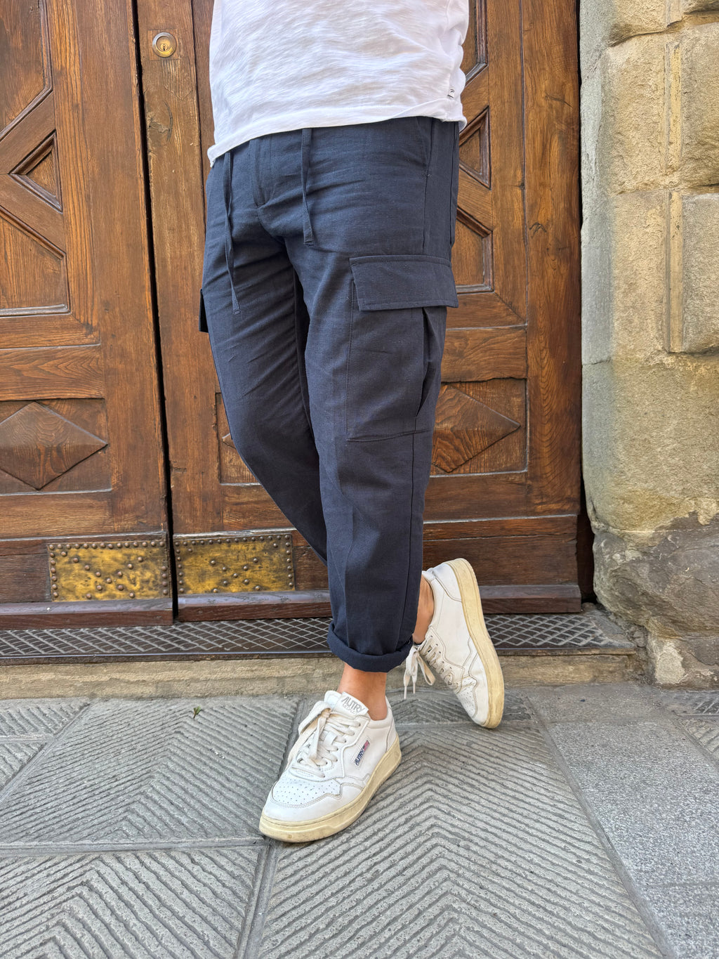 Pantalone Cargo lino di Hamaki-ho blu