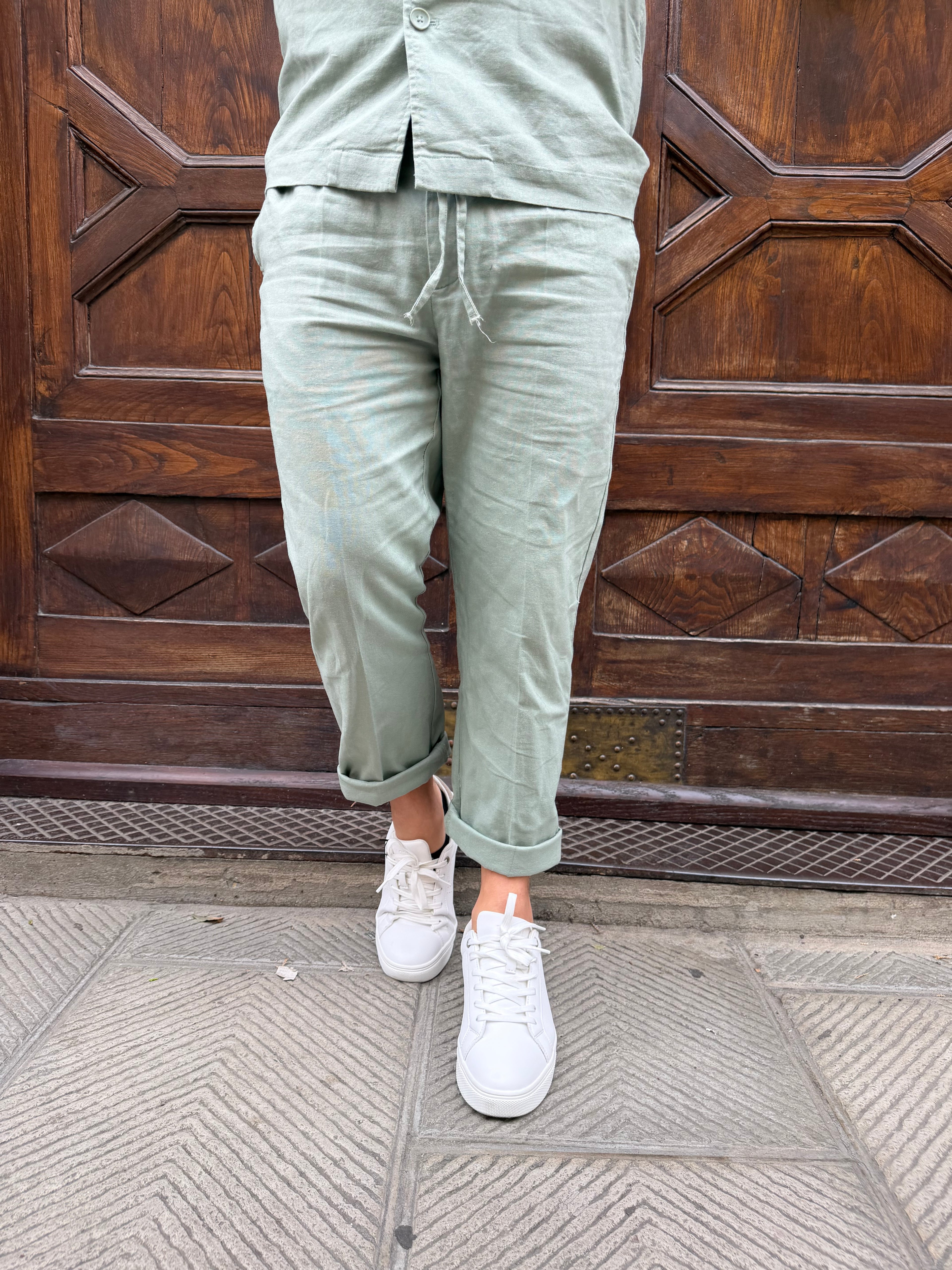 Pantalone coordinato Hamaki-Ho in lino verde acqua