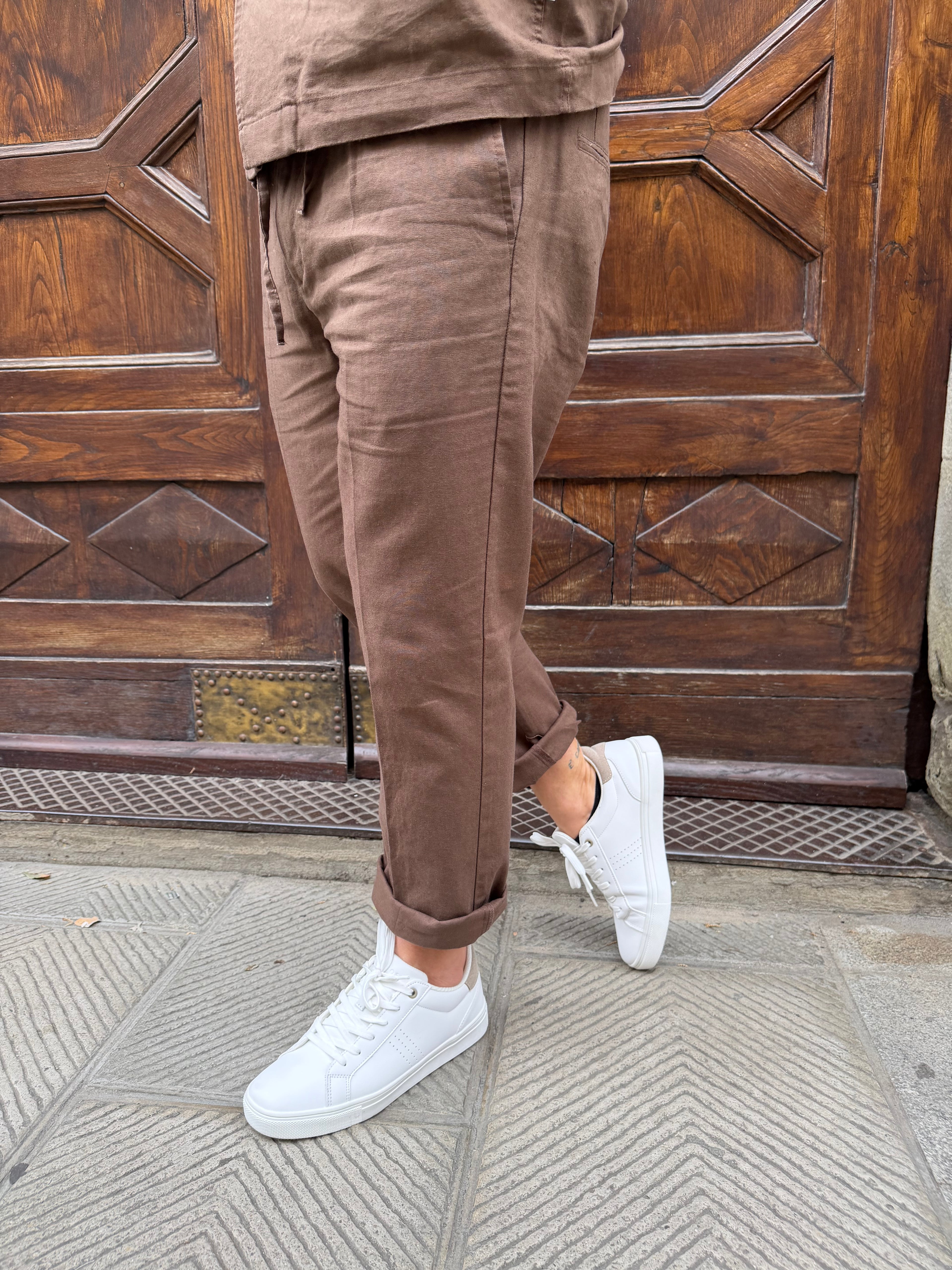 Pantalone coordinato Hamaki-Ho in lino cioccolato