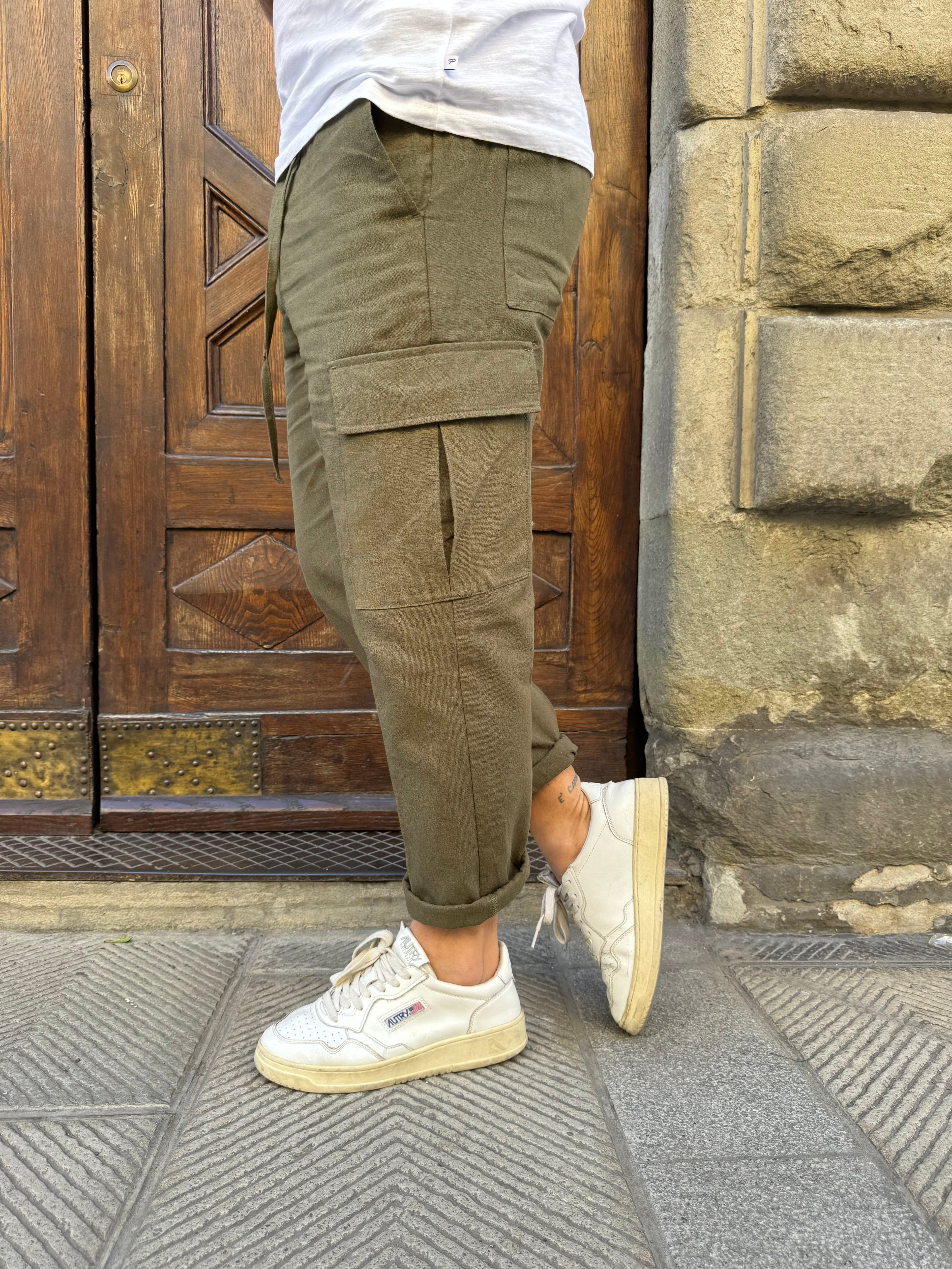 Pantalone Cargo lino di Hamaki-ho verde