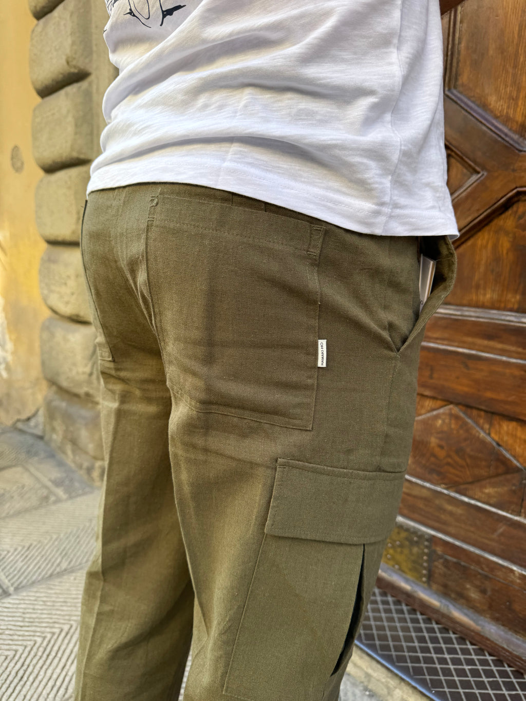 Pantalone Cargo lino di Hamaki-ho verde