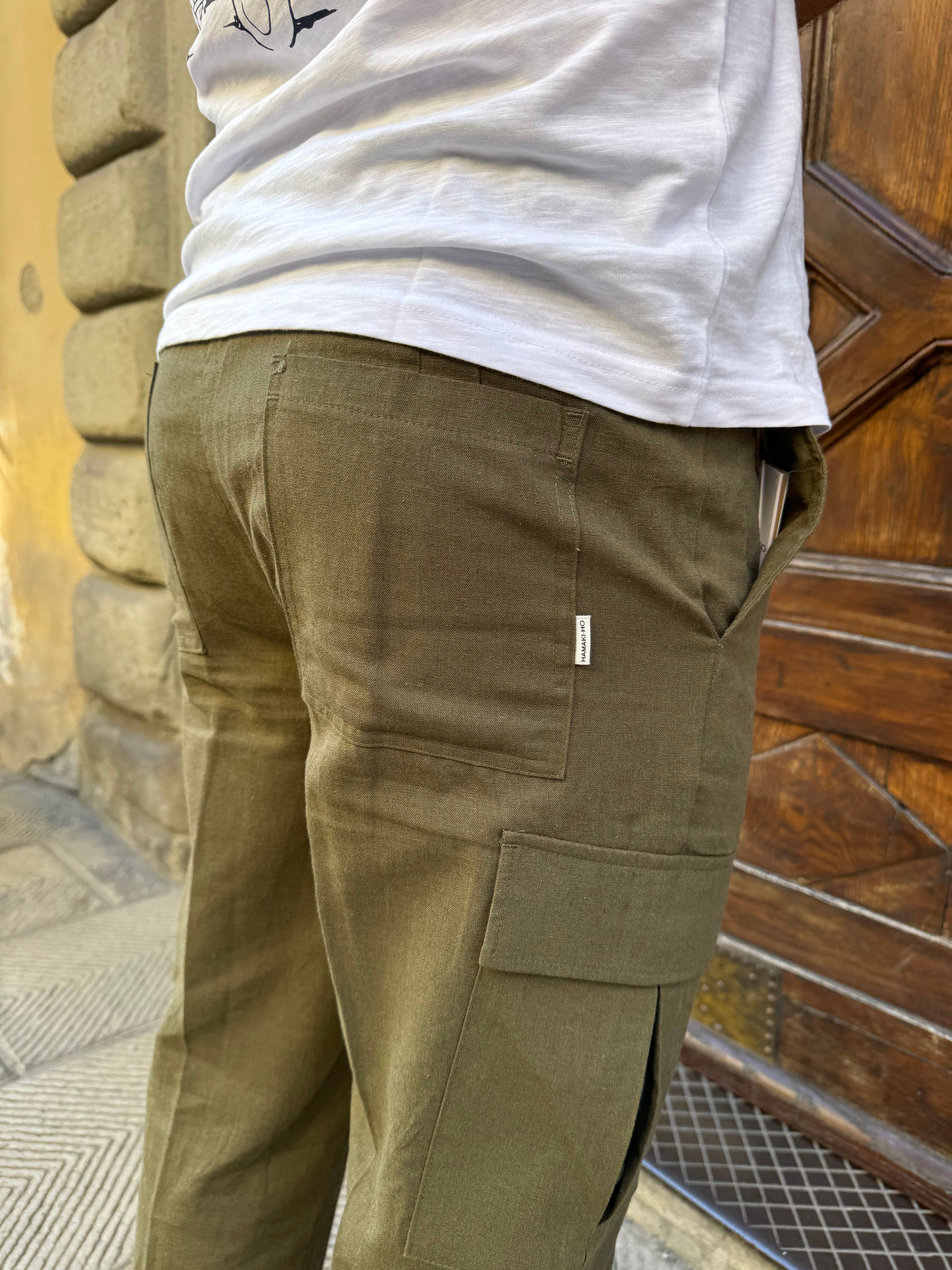 Pantalone Cargo lino di Hamaki-ho verde