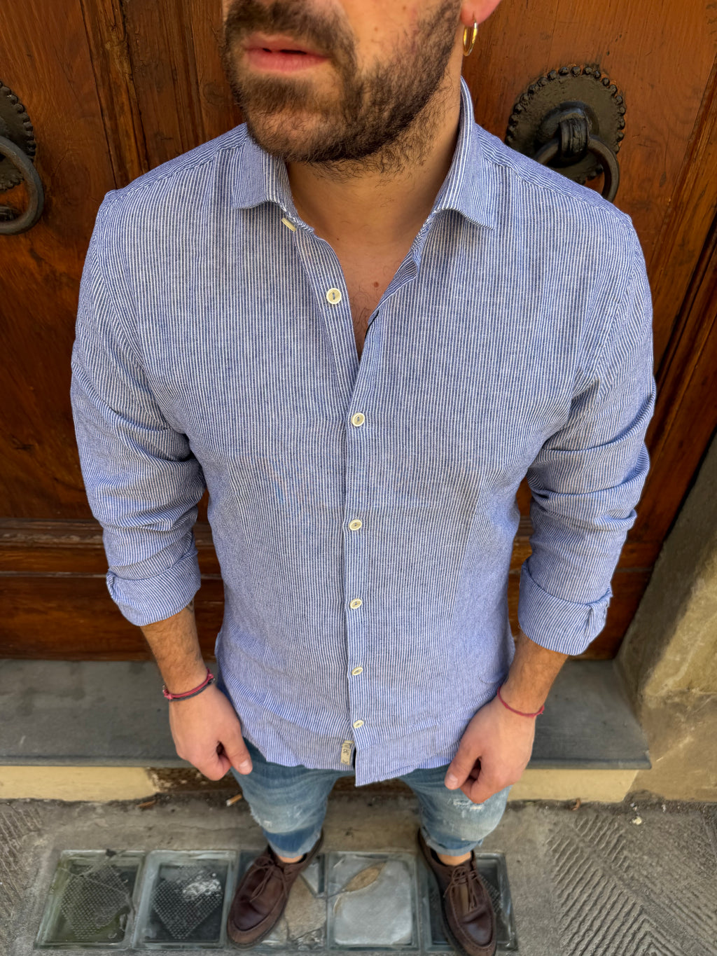 Camicia Millerighe in lino blu