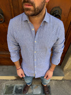 Camicia Millerighe in lino blu