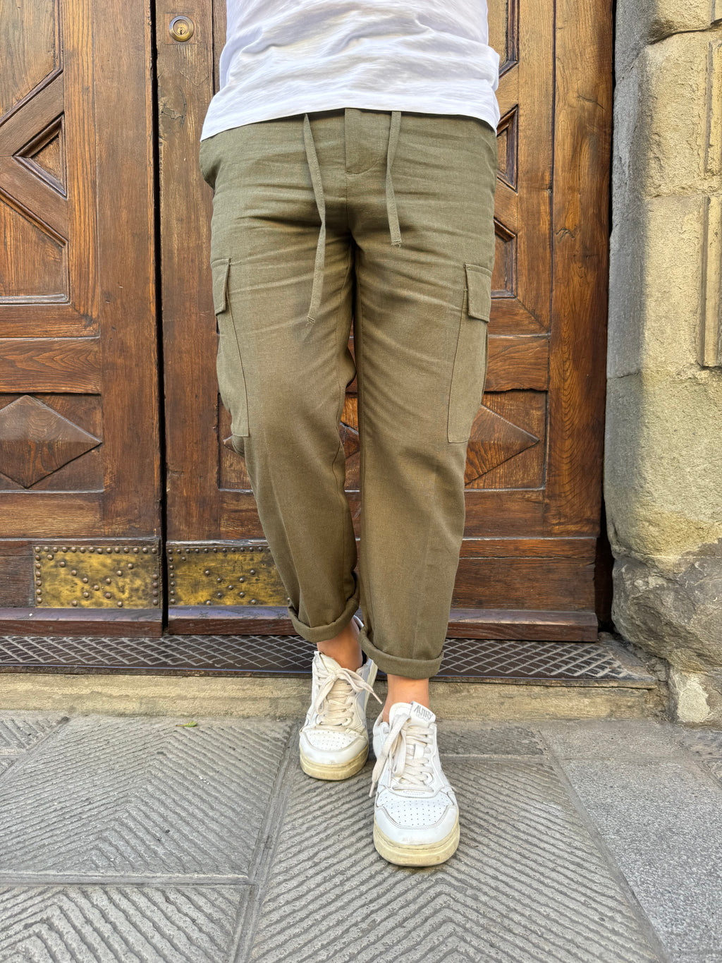Pantalone Cargo lino di Hamaki-ho verde