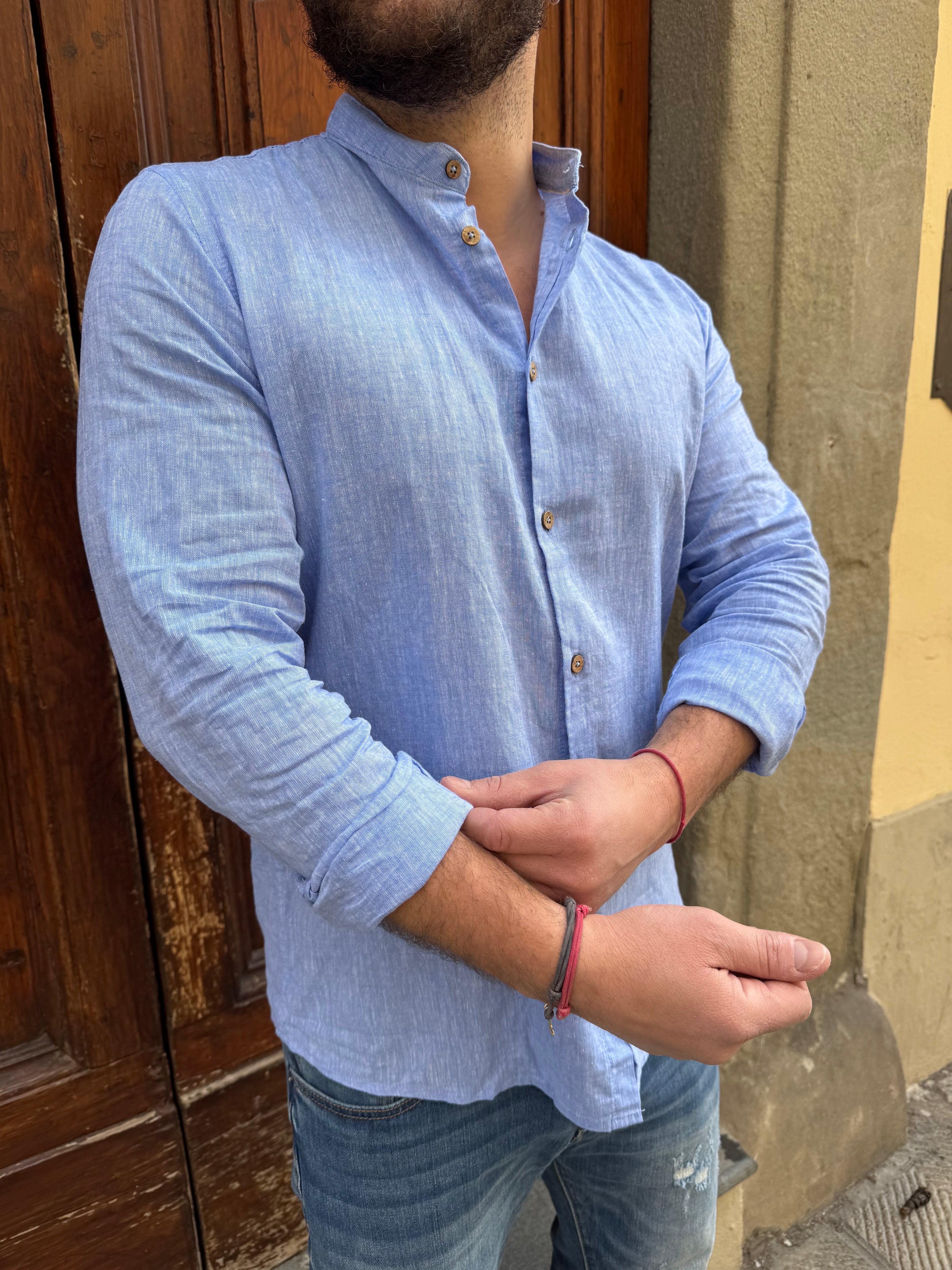 Camicia Lino coreana di Hamaki-Ho azzurra