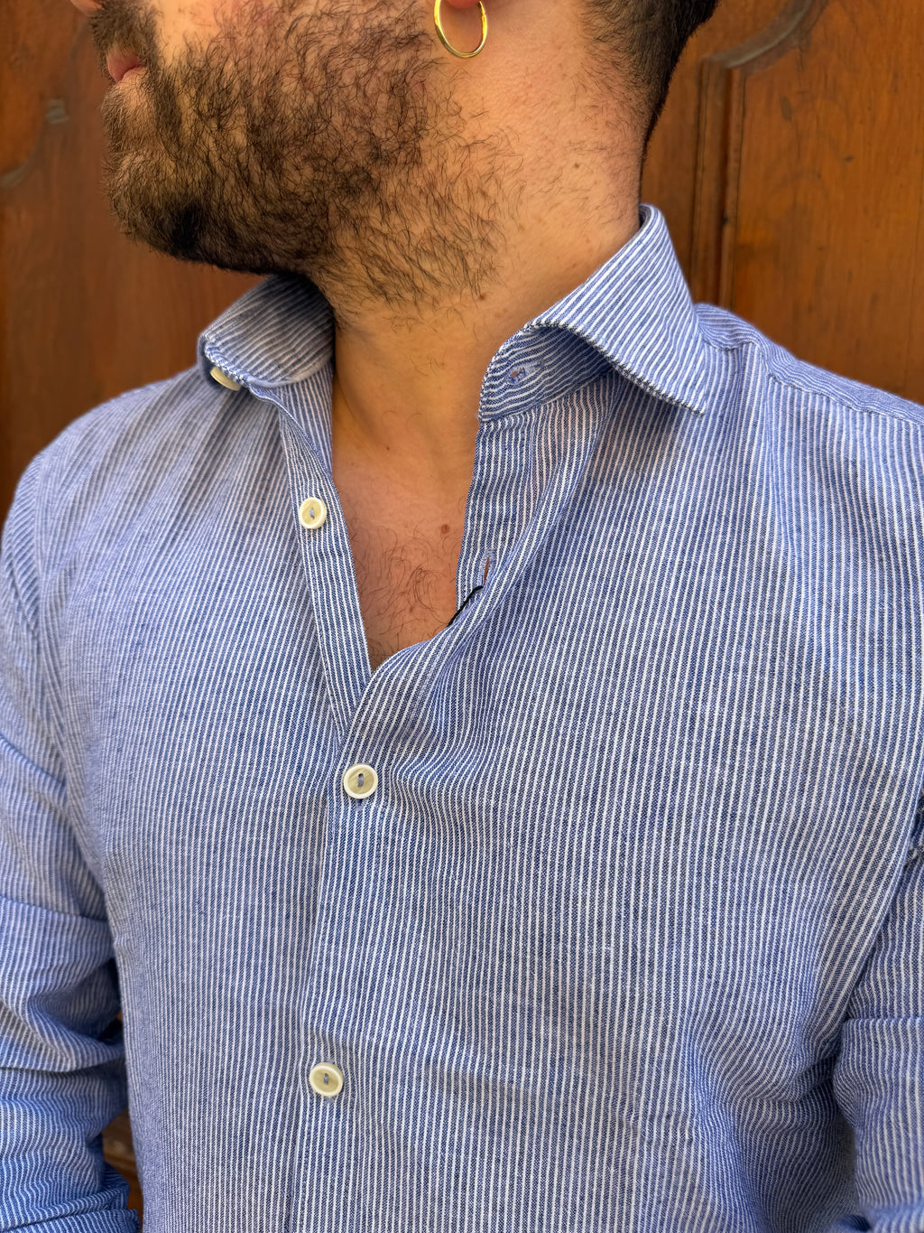 Camicia Millerighe in lino blu