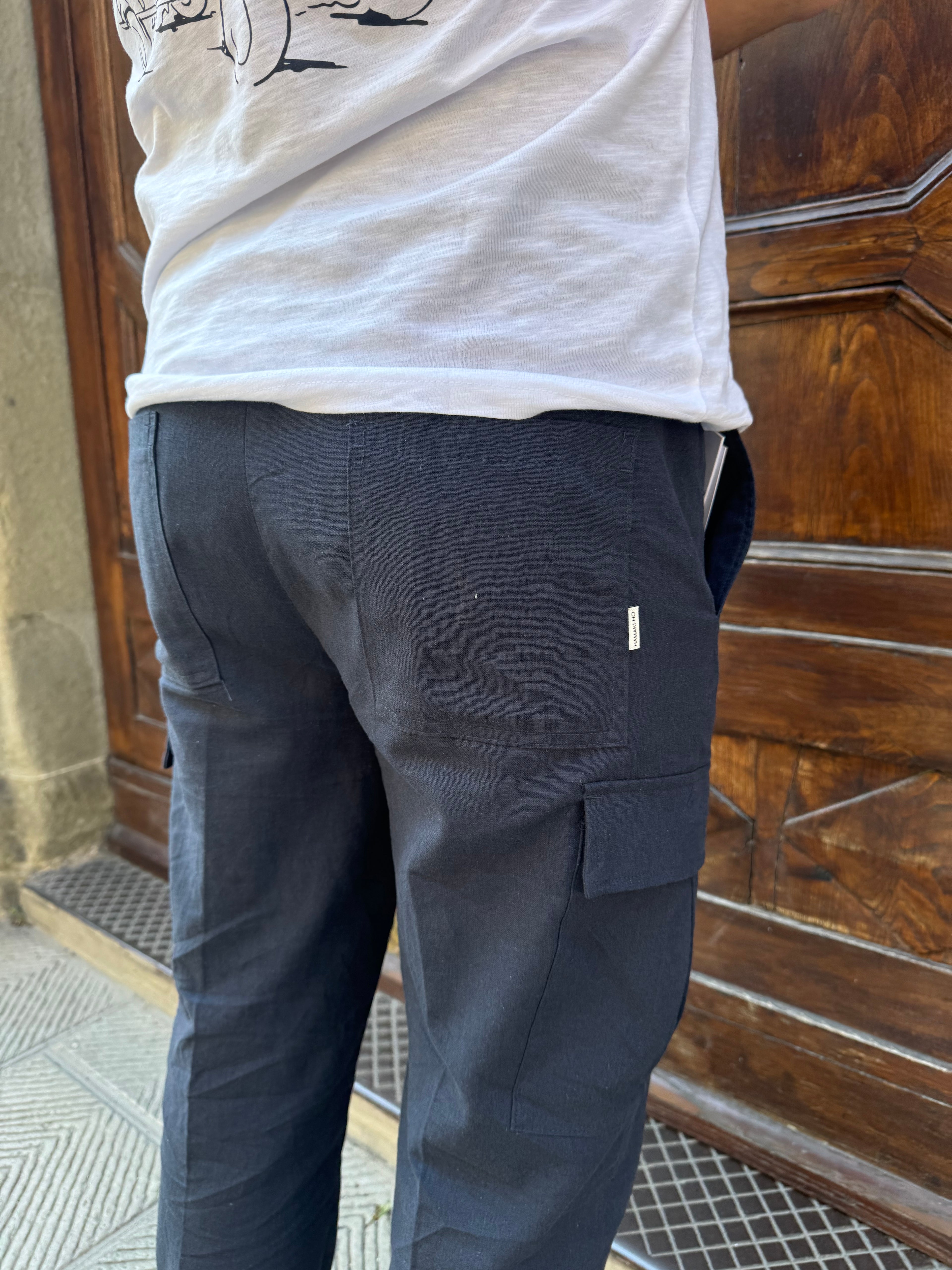 Pantalone Cargo lino di Hamaki-ho blu