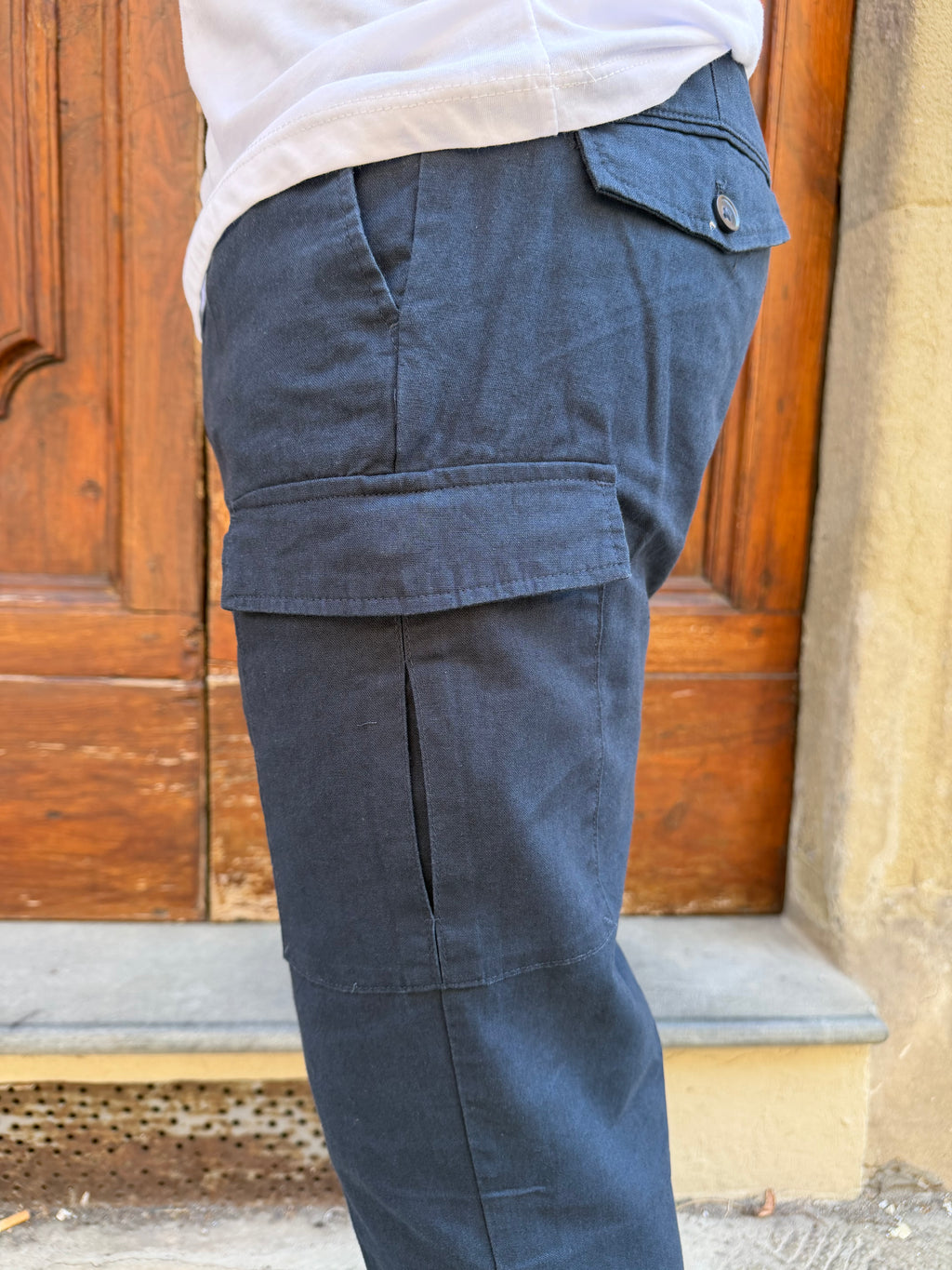 Pantalone cargo in lino di Hamaki-Ho blu