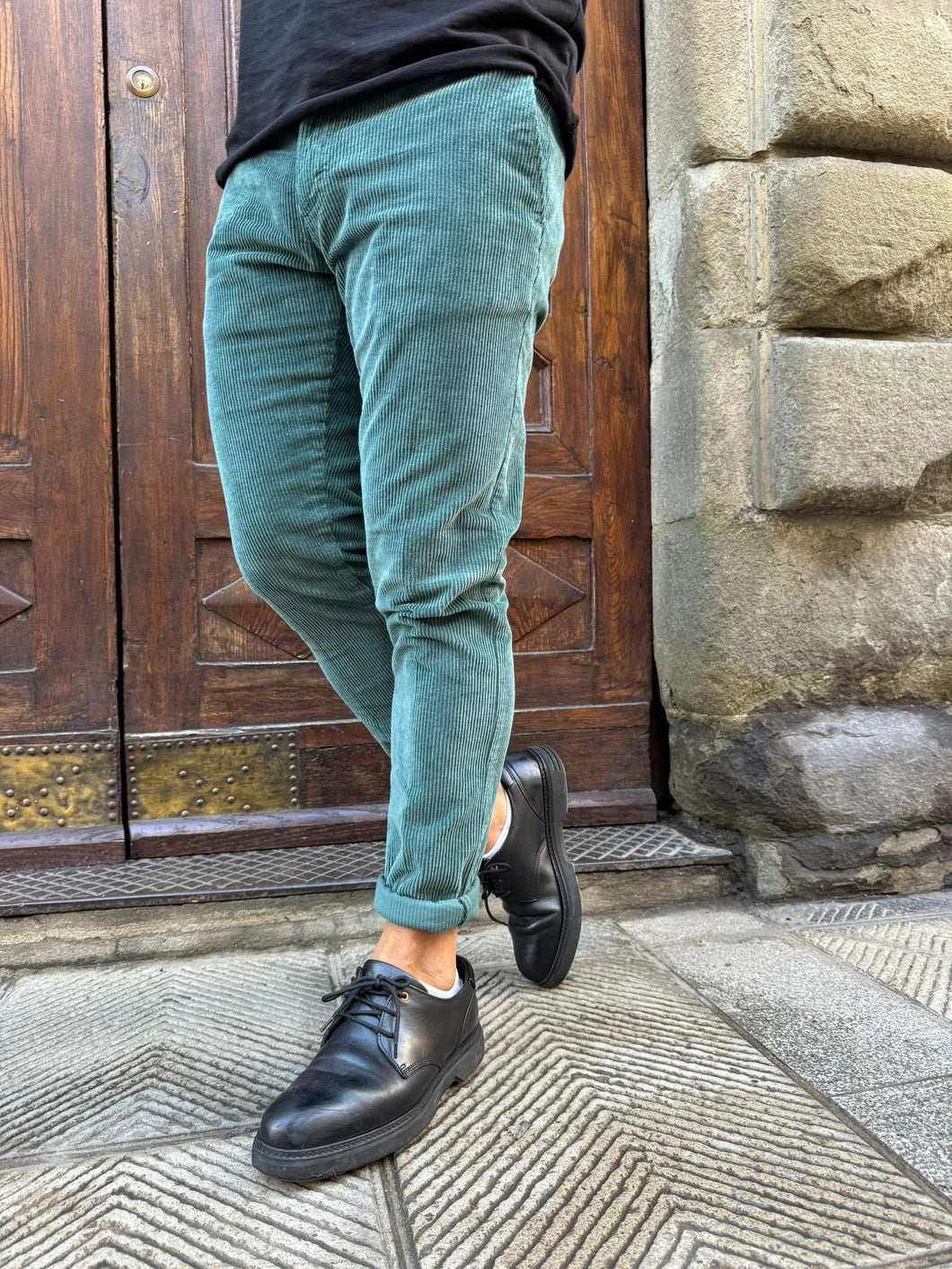 Pantalone velluto chinos verde petrolio